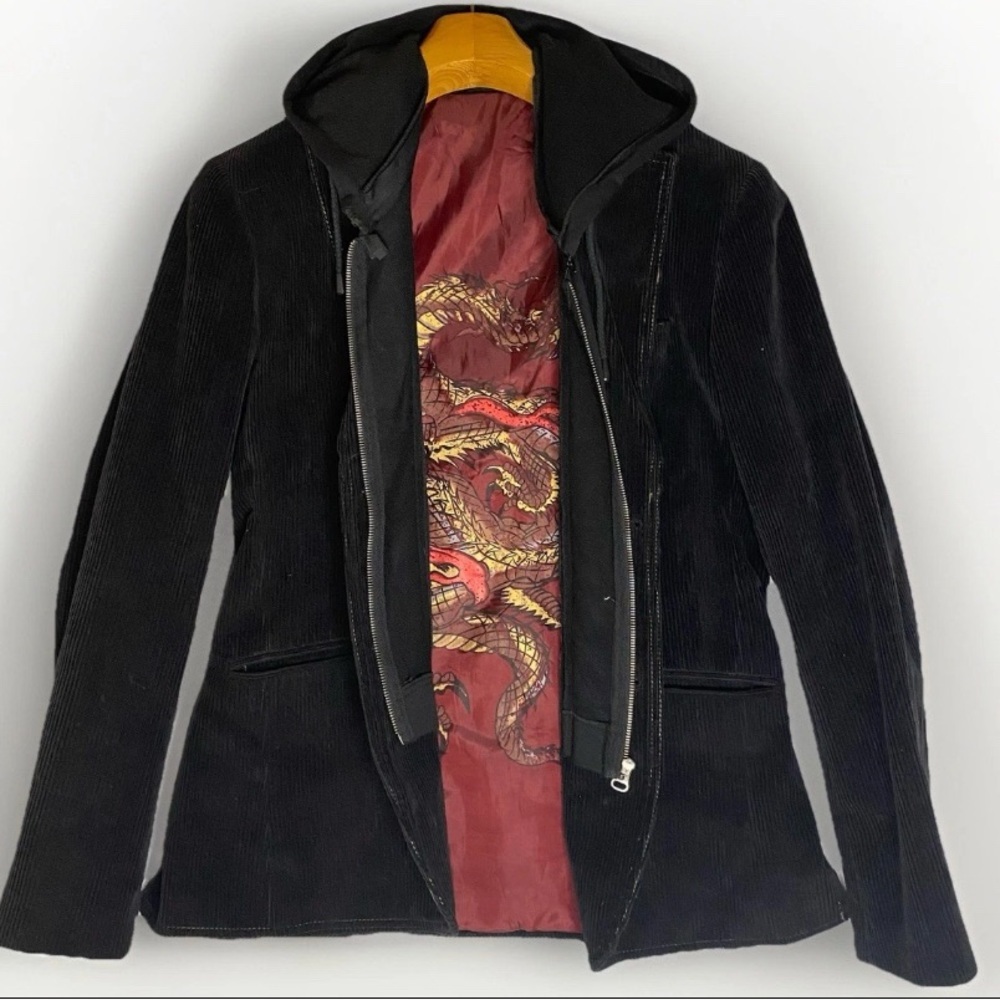 Toku Black Corduroy Hooded Jacket Coat Satin Dragon Liner Painted Lions Mens S‎ - Picture 2 of 12